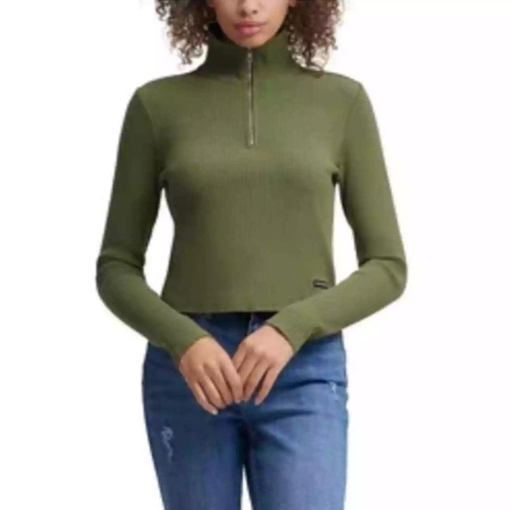 Calvin Klein Jeans Green half zip Fitted Crop long sleeve top